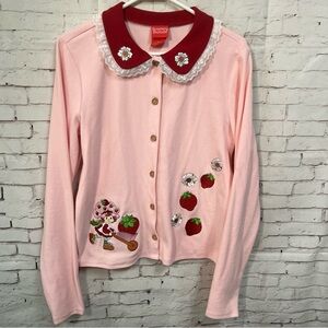 Box Lunch Strawberry Shortcake Cardigan Sweater Women Fitted XL Collar Pink Red